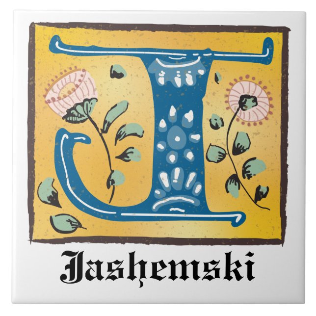Medieval Blommigt Upplyst Brev J Monogram Kakelplatta (Framsidan)