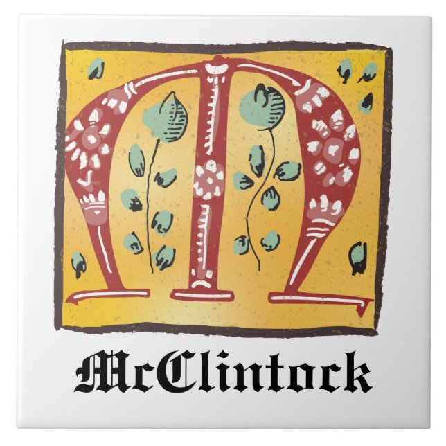 Medieval Blommigt Upplyst Brev M Monogram Kakelplatta (Framsidan)