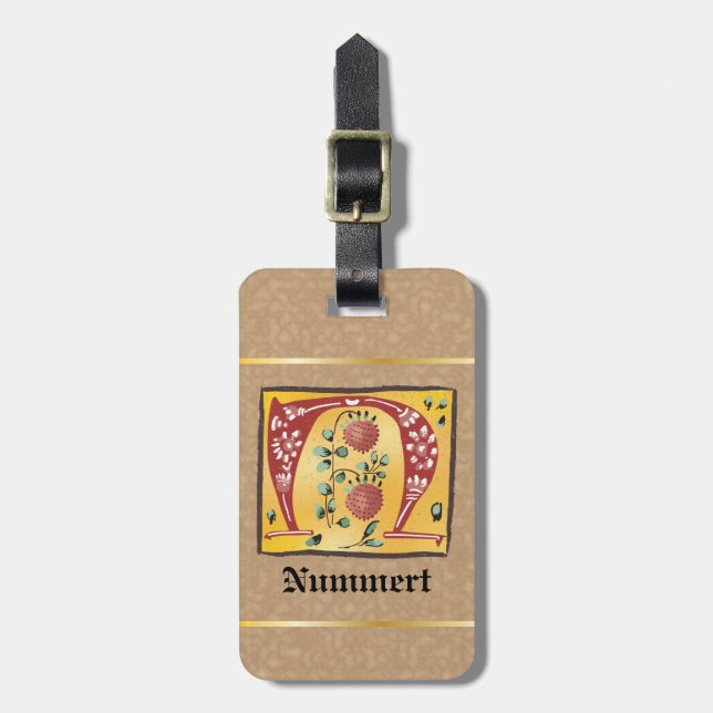Medieval Blommigt Upplyst Brev N Monogram Bagagebricka (Vertikal Framsida)