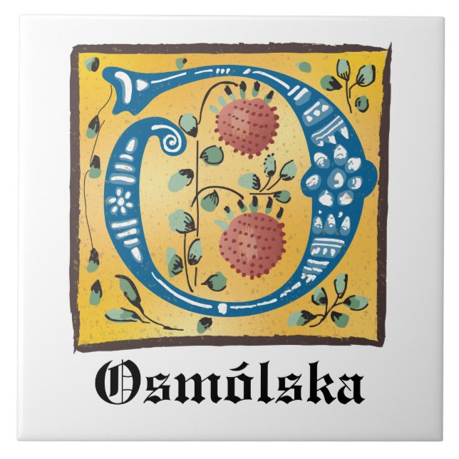 Medieval Blommigt Upplyst Brev O Monogram Kakelplatta (Framsidan)