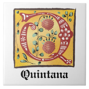 Medieval Blommigt Upplyst Brev Q Monogram Kakelplatta