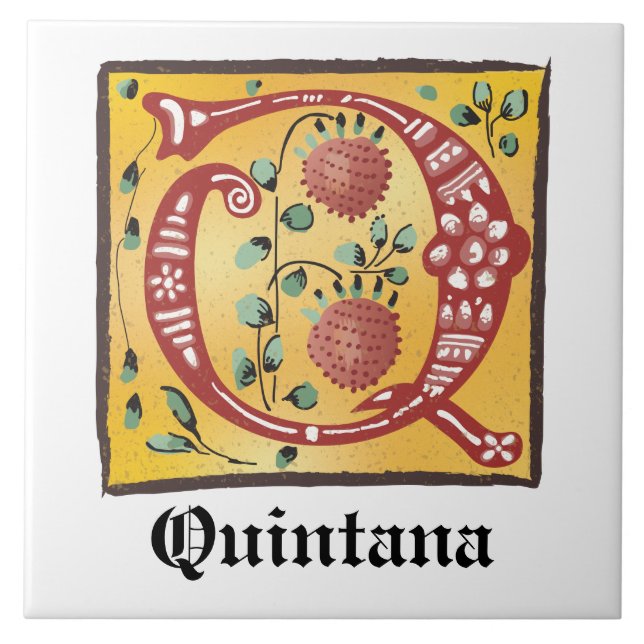 Medieval Blommigt Upplyst Brev Q Monogram Kakelplatta (Framsidan)