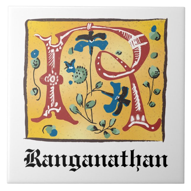 Medieval Blommigt Upplyst Brev R Monogram Kakelplatta (Framsidan)