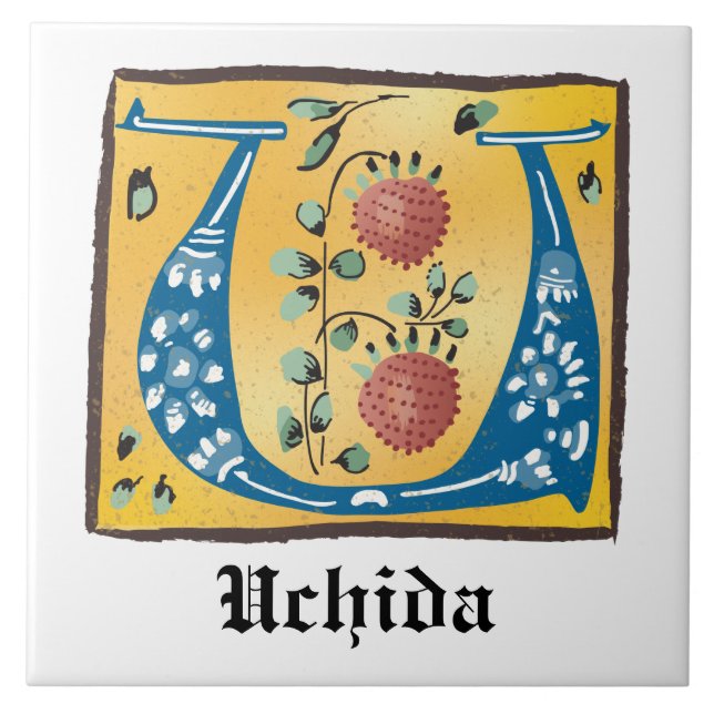 Medieval Blommigt Upplyst Brev U Monogram Kakelplatta (Framsidan)