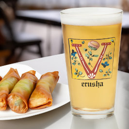 Medieval Blommigt Upplyst Brev V Monogram Glaskopp