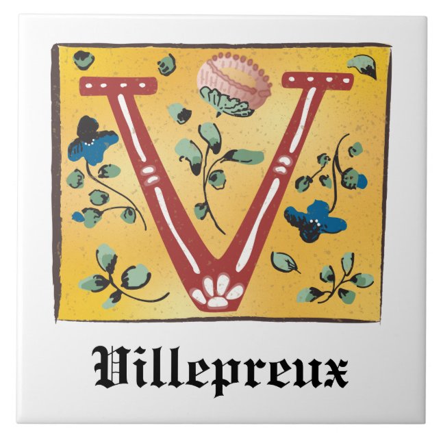 Medieval Blommigt Upplyst Brev V Monogram Kakelplatta (Framsidan)