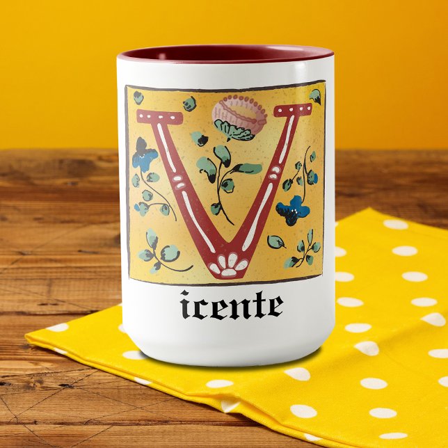 Medieval Blommigt Upplyst Brev V Monogram Mugg (Skapare uppladdad)
