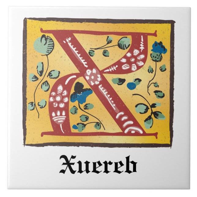 Medieval Blommigt Upplyst Brev X Monogram Kakelplatta (Framsidan)