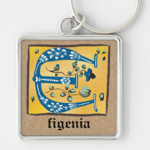 Medieval Blommigt Upplyst E Monogram i kvadrat Fyrkantig Silverfärgad Nyckelring
