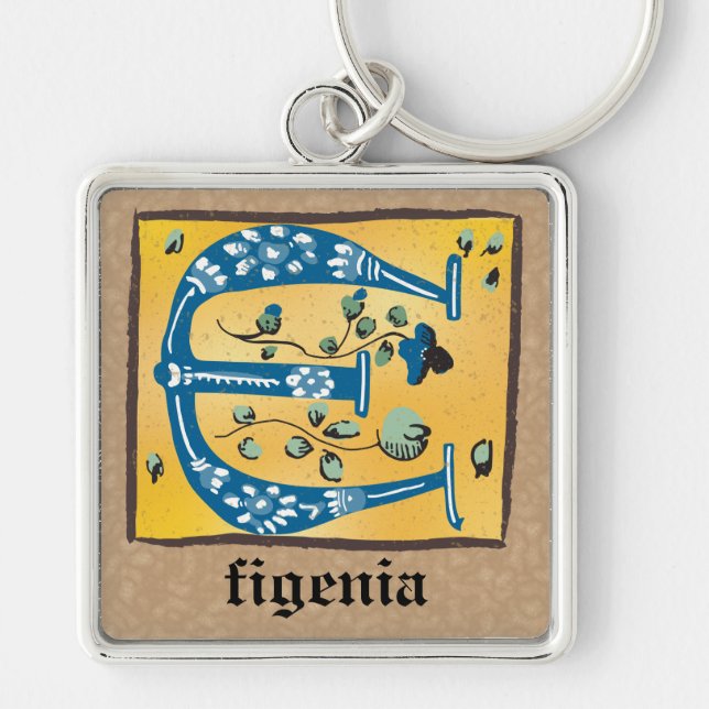 Medieval Blommigt Upplyst E Monogram i kvadrat Fyrkantig Silverfärgad Nyckelring (Framsidan)