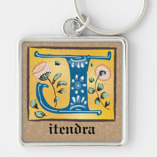 Medieval Blommigt Upplyst J Monogram Fyrkantig Silverfärgad Nyckelring