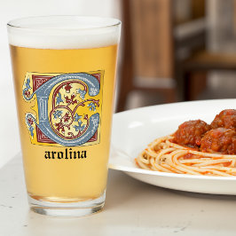 Medieval Blue och Red Ivy Illuminated Brev C Glaskopp