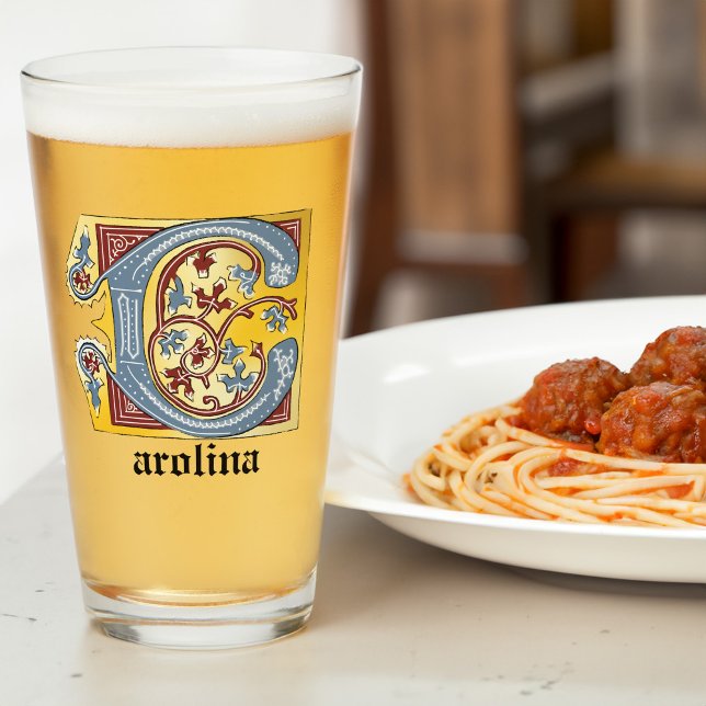 Medieval Blue och Red Ivy Illuminated Brev C Glaskopp (Skapare uppladdad)