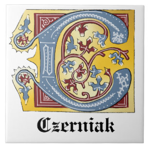Medieval Blue och Red Ivy Illuminated Brev C Kakelplatta