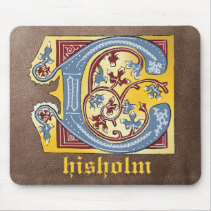 Medieval Blue och Red Ivy Illuminated Brev C Musmatta