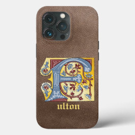 Medieval Blue och Red Ivy Illuminated Brev F