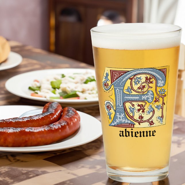 Medieval Blue och Red Ivy Illuminated Brev F Glaskopp (Skapare uppladdad)