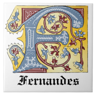 Medieval Blue och Red Ivy Illuminated Brev F Kakelplatta