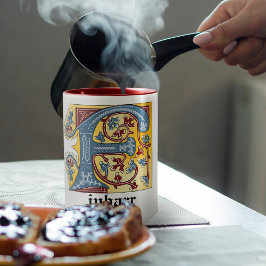 Medieval Blue och Red Ivy Illuminated Brev F Mugg