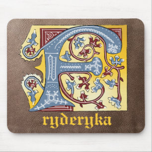 Medieval Blue och Red Ivy Illuminated Brev F Musmatta