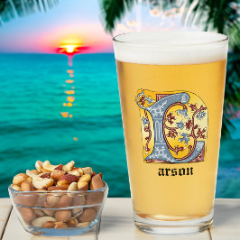 Medieval Blue och Red Ivy Illuminated Brev L Glaskopp