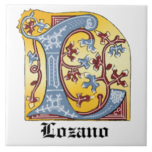 Medieval Blue och Red Ivy Illuminated Brev L Kakelplatta