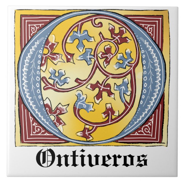 Medieval Blue och Red Ivy Illuminated Brev O Kakelplatta (Framsidan)