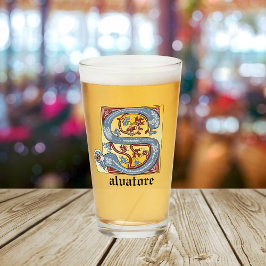 Medieval Blue och Red Ivy Illuminated Brev S Glaskopp