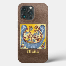 Medieval Blue och Red Ivy Illuminated Brev U