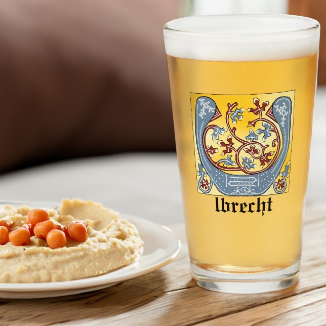 Medieval Blue och Red Ivy Illuminated Brev U Glaskopp (Skapare uppladdad)