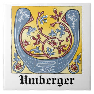 Medieval Blue och Red Ivy Illuminated Brev U Kakelplatta