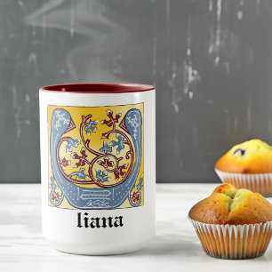 Medieval Blue och Red Ivy Illuminated Brev U Mugg