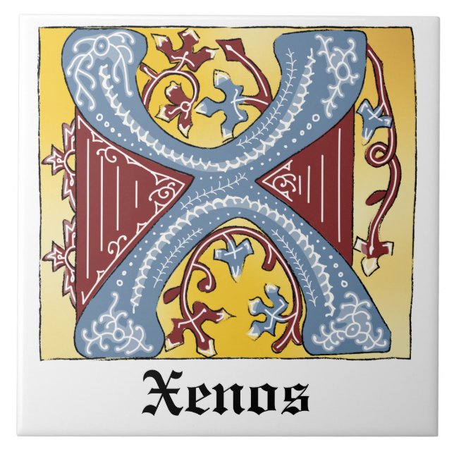 Medieval Blue och Red Ivy Illuminated Brev X Kakelplatta (Framsidan)