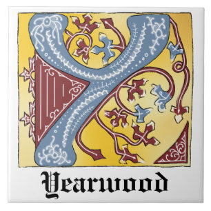 Medieval Blue och Red Ivy Illuminated Brev Y Kakelplatta