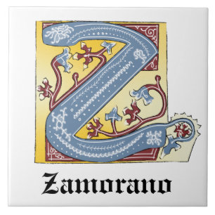 Medieval Blue och Red Ivy Illuminated Brev Z Kakelplatta