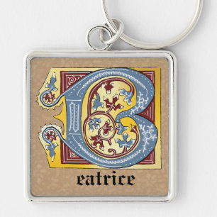 Medieval Blue och Red Ivy Ljusade Brev B Fyrkantig Silverfärgad Nyckelring