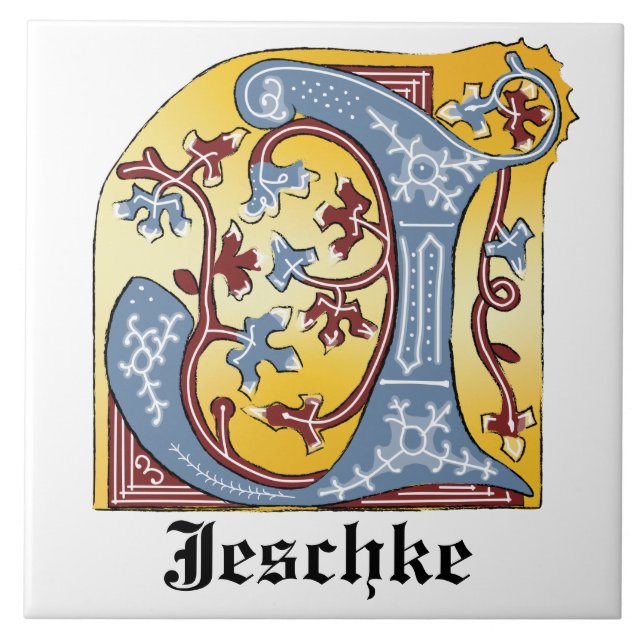 Medieval Blue och Red Ivy Ljusade Brev J Kakelplatta (Framsidan)