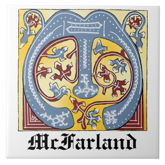 Medieval Blue och Red Ivy Ljusade Brev M Kakelplatta (Framsidan)
