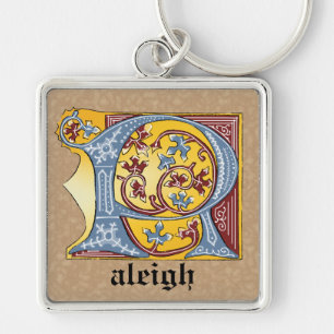 Medieval Blue och Red Ivy Ljusade Brev R Fyrkantig Silverfärgad Nyckelring