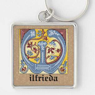 Medieval Blue och Red Ivy Ljusade Brev W Fyrkantig Silverfärgad Nyckelring