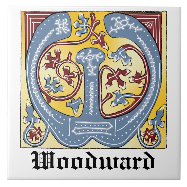 Medieval Blue och Red Ivy Ljusade Brev W Kakelplatta (Framsidan)