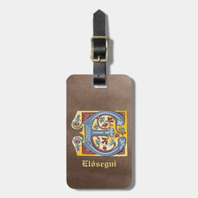 Medieval Blue och Red Ivy Upplyst Brev E Bagagebricka (Vertikal Framsida)