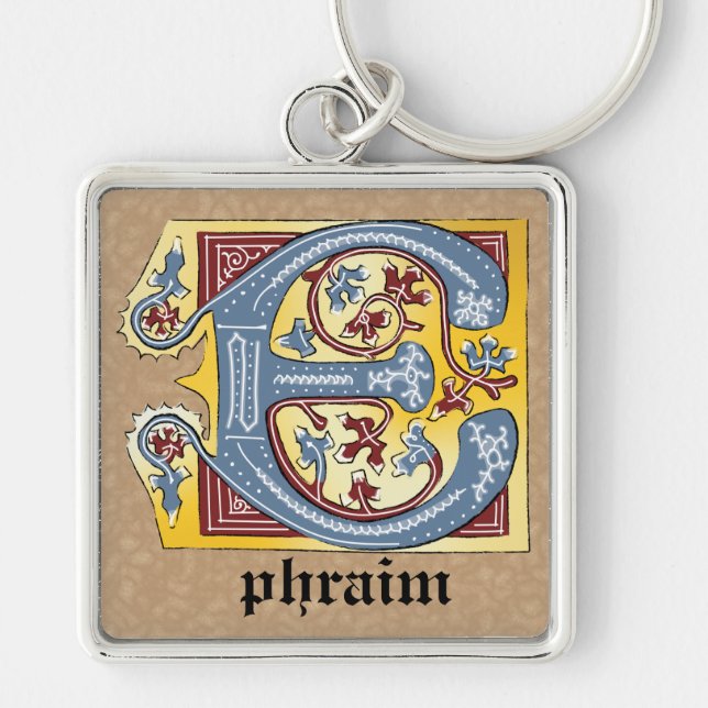 Medieval Blue och Red Ivy Upplyst Brev E Fyrkantig Silverfärgad Nyckelring (Framsidan)