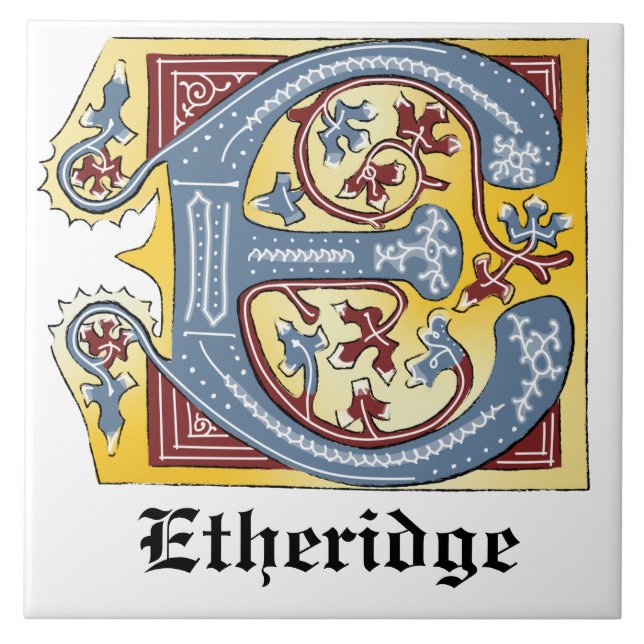 Medieval Blue och Red Ivy Upplyst Brev E Kakelplatta (Framsidan)