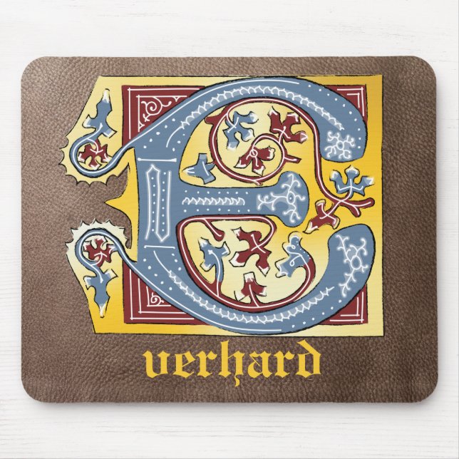 Medieval Blue och Red Ivy Upplyst Brev E Musmatta (Framsidan)