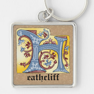 Medieval Blue och Red Ivy Upplyst Brev H Fyrkantig Silverfärgad Nyckelring