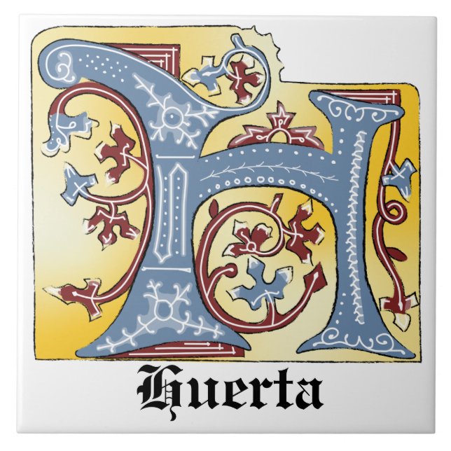Medieval Blue och Red Ivy Upplyst Brev H Kakelplatta (Framsidan)