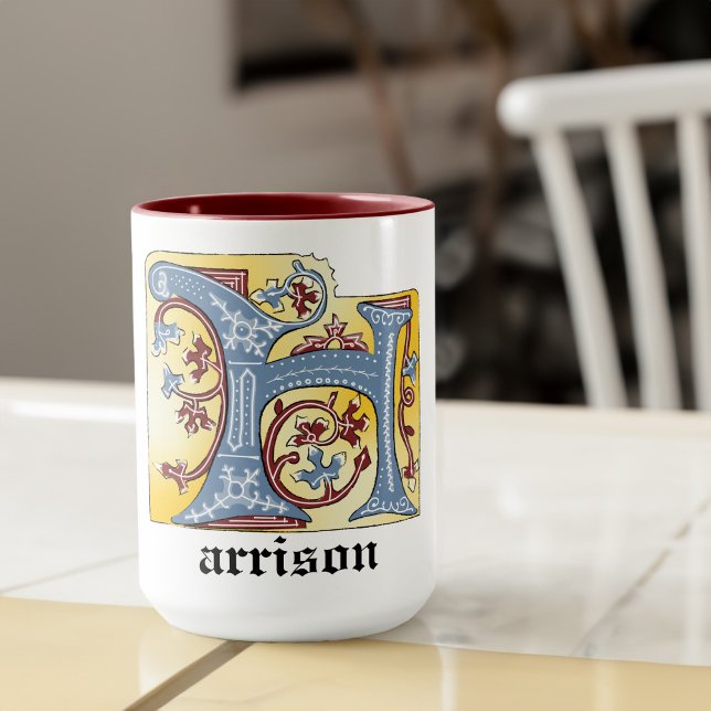 Medieval Blue och Red Ivy Upplyst Brev H Mugg (Skapare uppladdad)
