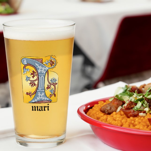 Medieval Blue och Red Ivy Upplyst Brev I Glaskopp (Skapare uppladdad)