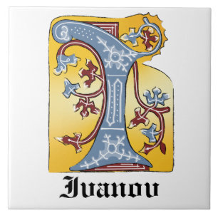 Medieval Blue och Red Ivy Upplyst Brev I Kakelplatta